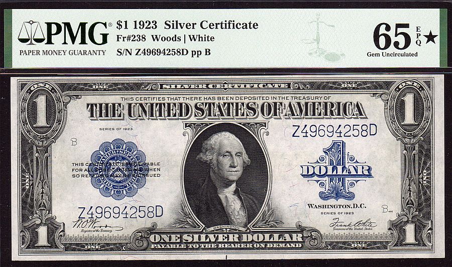 Fr.238, 1923 $1 Silver Certificate, GemCU, PMG-65 EPQ-STAR, Z49694258D
